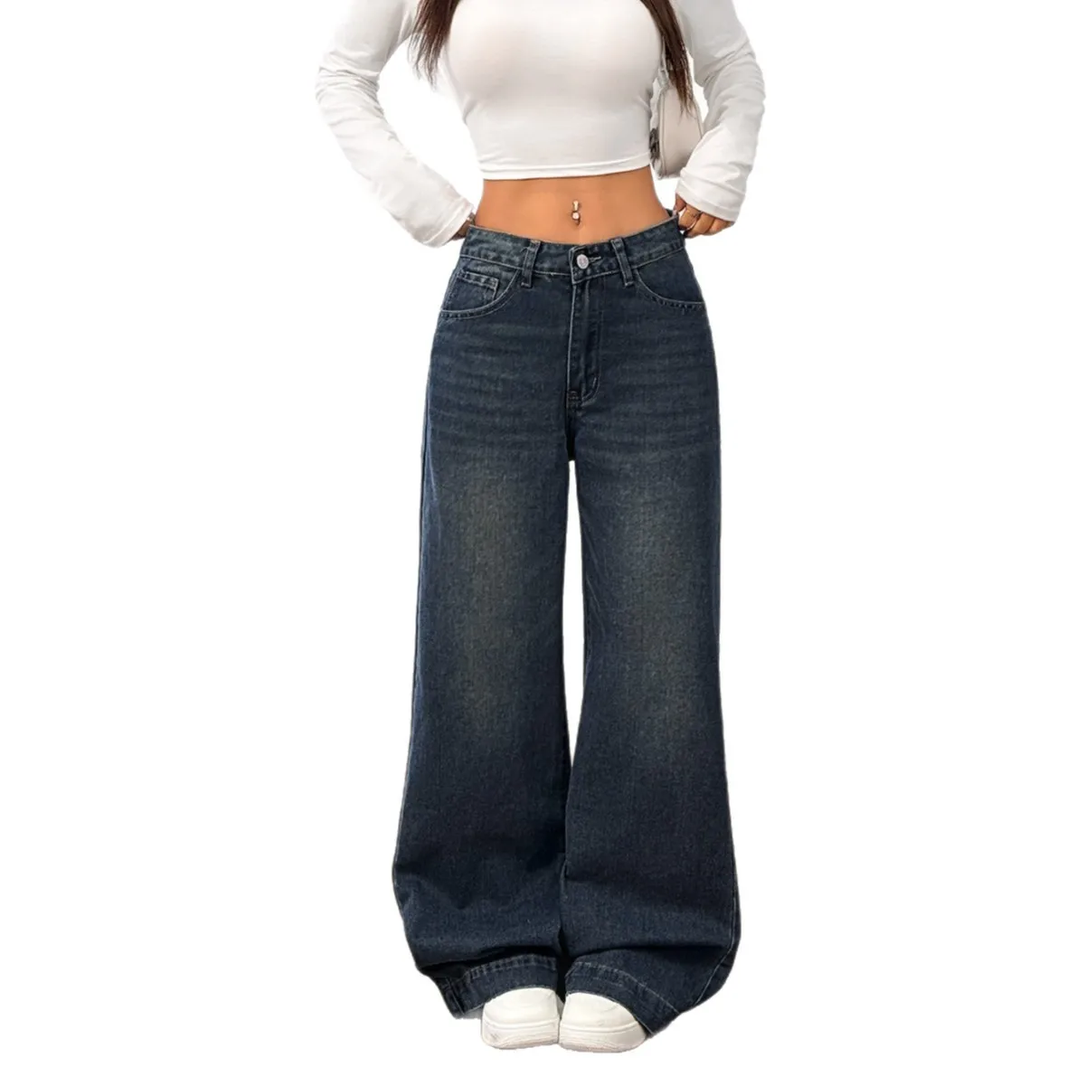 

Retro Black Long Wide Leg Jeans Women Loose Straight Cut Denim Pants Hot Girl Mid Waist Casual Trousers