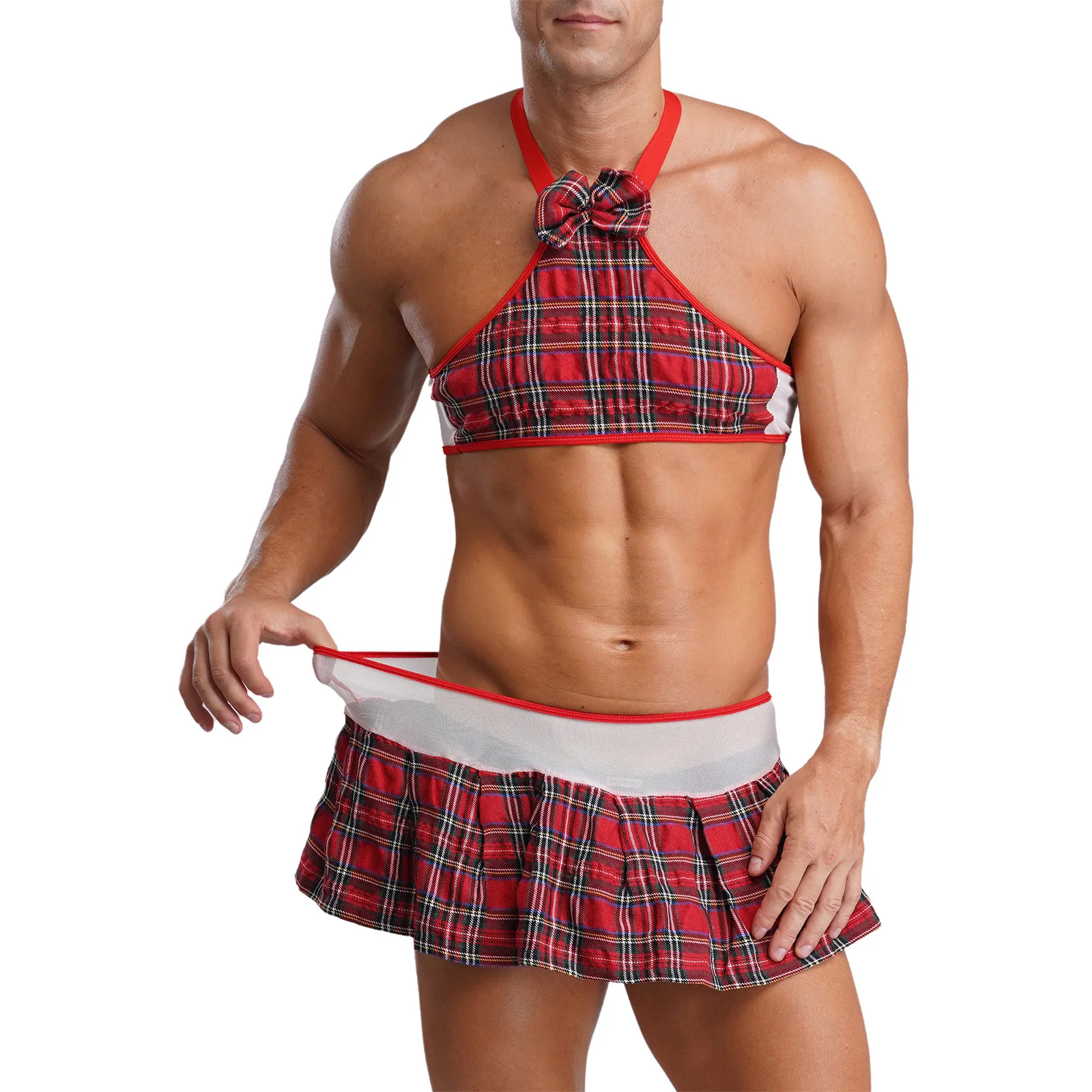 

Мужской комплект нижнего белья в клетку Sissy JK School-girl Crossdressing, укороченный топ с лямкой на шее и плиссированная мини-юбка, одежда для ролевых игр для пар