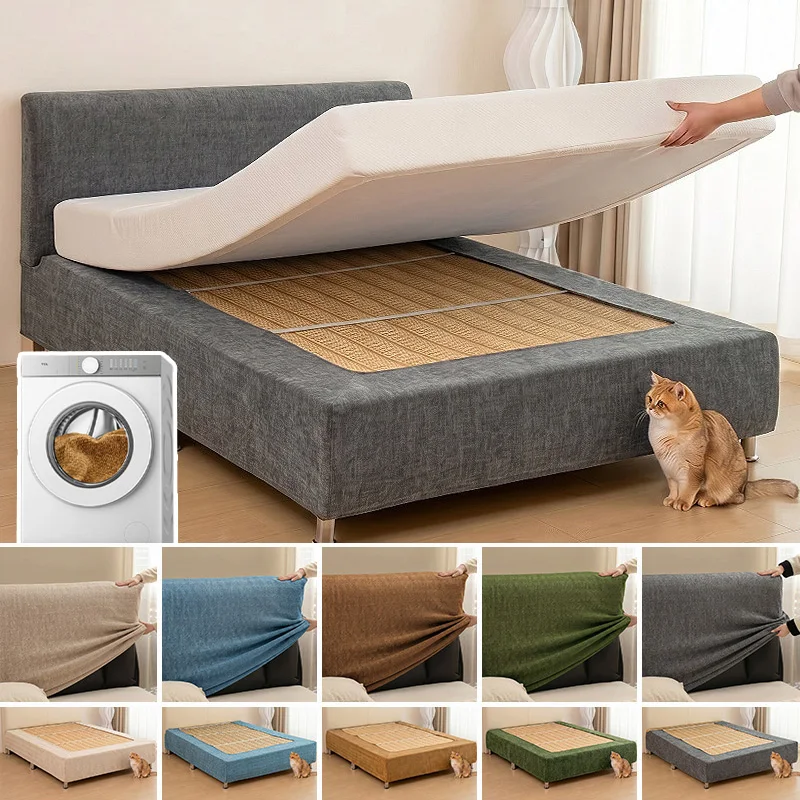 Stretch Bed Frame Cover Chenille Bed Skirt Protector Boxspring Cover Anti-Scratch Cat Proof Removable Washable Elastic Bed Skirt