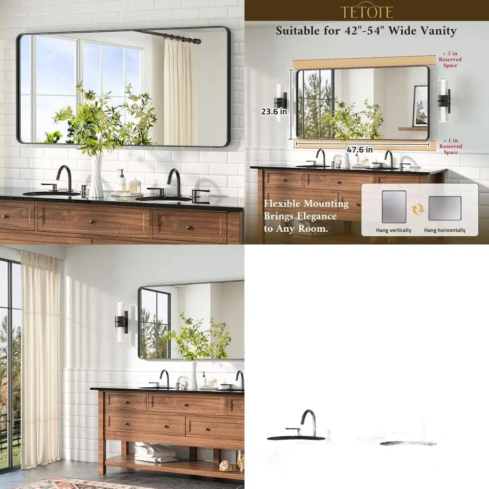 

Modern Farmhouse Style Vanity Mirrors, 48x24 Wall Decor, Matte Black Tempered Glass, Horizontal/Vertical Mounting Options