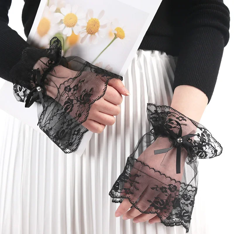 Women Gothic Lace Mesh Stretch Horn Cuffs Gloves Ruffled Detachable Fake Sleeves Wedding Party Sunshade Decorative Wrist Warmer