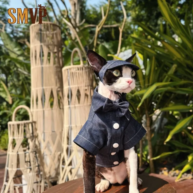 

Летняя легкая джинсовая рубашка с панамой и галстуком-бабочкой для стильных котят и маленьких собак