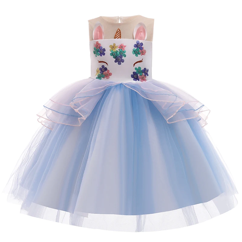 Girl Unicorn Cosplay Dress Children Party Birthday Princess Costume Sleeveless Trailing Wedding Christmas Outfit Girl Clothing