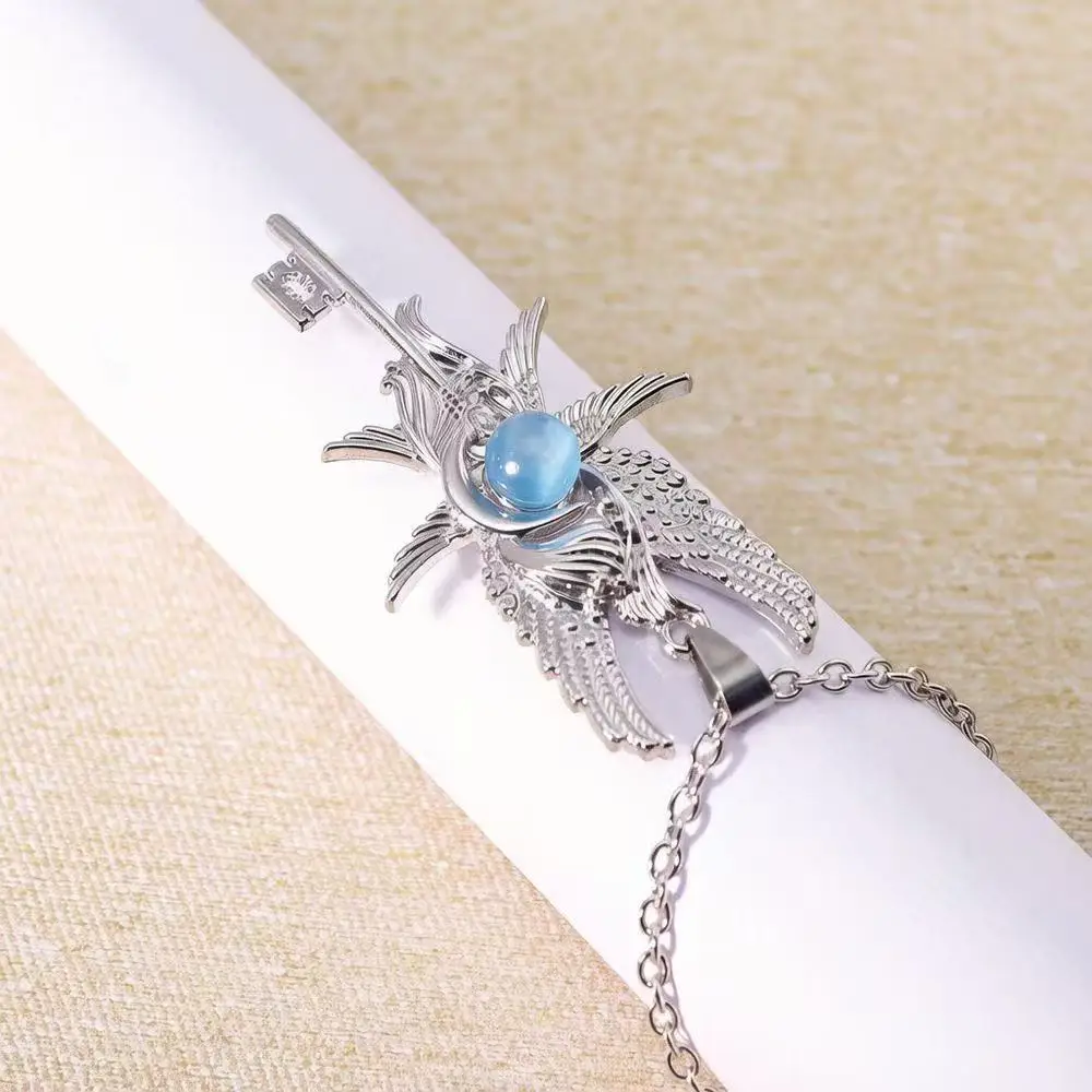 Retro Personality Revenge Angel Blue Moonlight Gemstone Angel Wings Key Pendant Necklace for Men Women Jewelry Accessories Gifts
