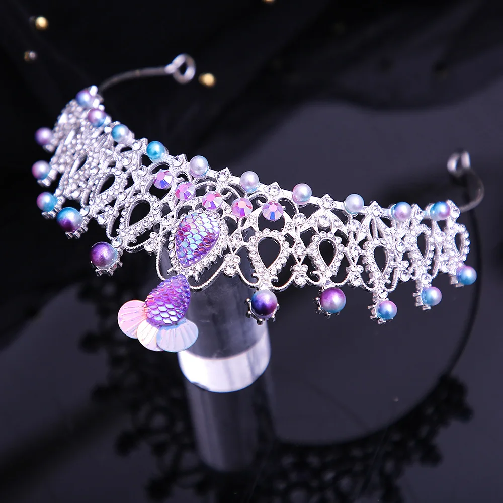 Colorful Crystal Pearl Mermaid Fish Tail Crown Tiaras Halloween Hair Accessories Women Girls Birthday Party Decorations Headband