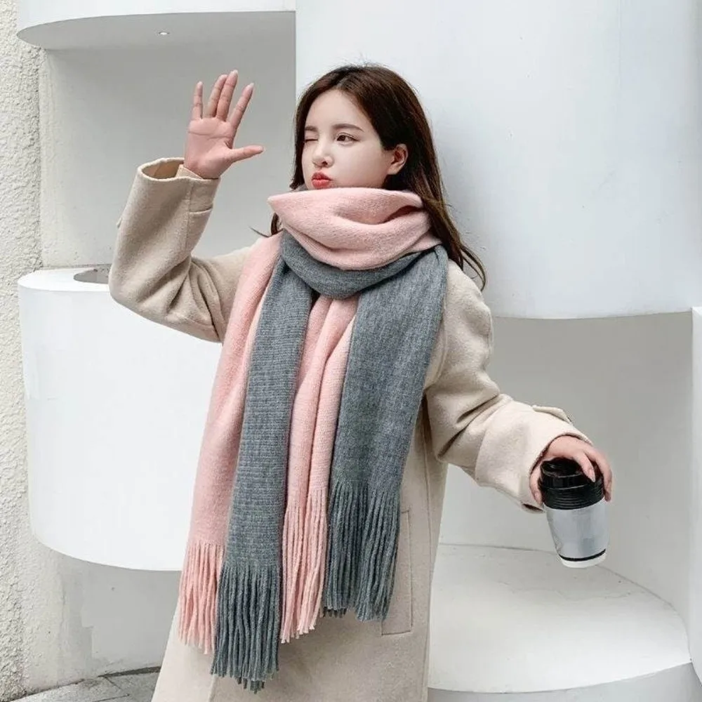 

Simple Korean Style Women Cashmere Scarf Thickened Windproof Long Wool Tassel Scarf Soft Splicing Color Winter Neckerchief Girls