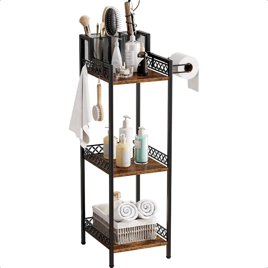 

3Tier Bathroom Shelf Organizer with Hair Dryer Holder and Toilet Paper Hook 9.85 Slim Metal Stand for Small Spaces Holds 50lbs