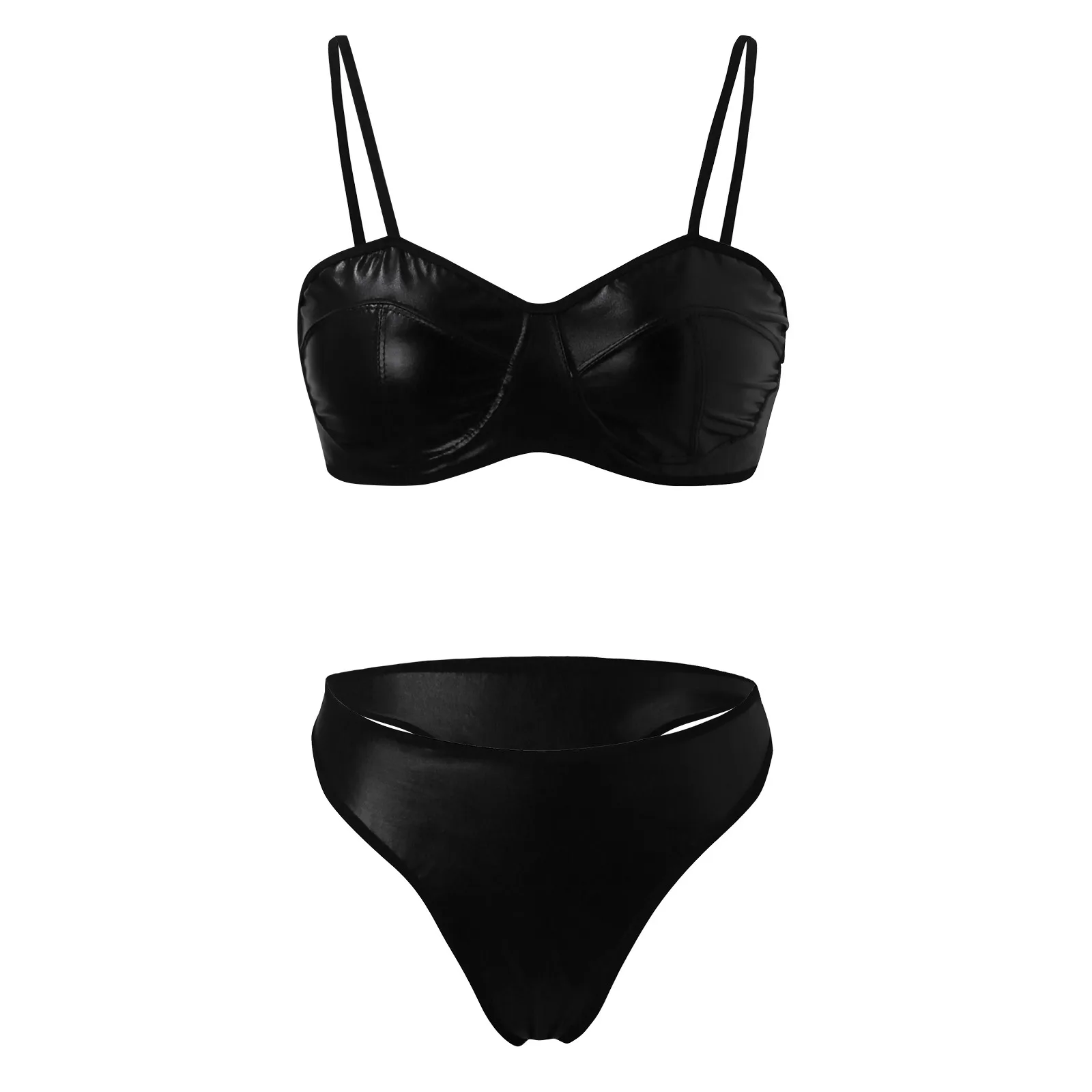 Sexy Women Hollow Lingerie Set Leather Latex Bra Panty Two-Piece Bikini Swimsuit Glossy Erotic Sex Costume Female Bra Thong Set