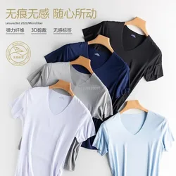 Summer Mens Casual Ice Silk T-shirt Men's Thin Men's Short-sleeved Sports T-shirt Bottoming Shirt Solid Color V-neck Tees