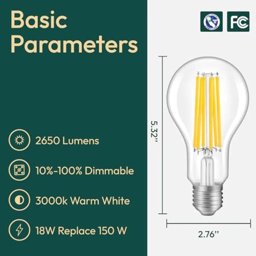 2650LM A23 LED Light Bulb with Dimmable Function, 18W 150 Watt Equivalent,, Super Bright Edison Light Bulbs for Garage, Warehou