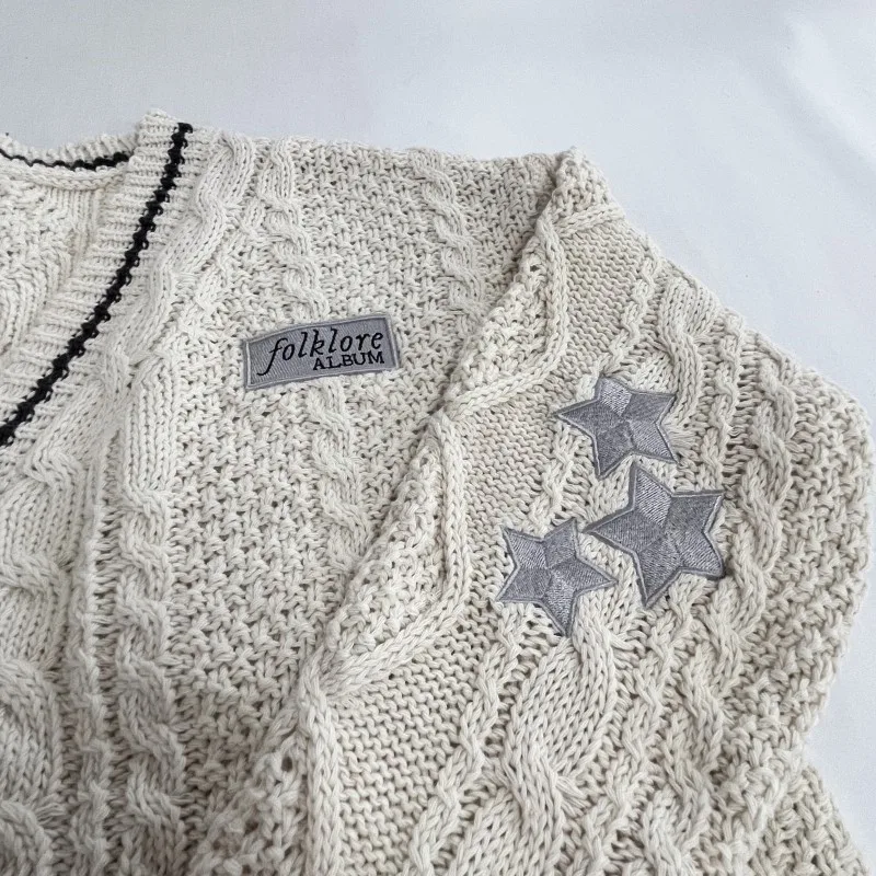 Letter Applique Cardigan for Star Embroidered Sweater Women Knitted Cardigan Winter Autumn Beige Sweaters Female Y2k Coat Tops