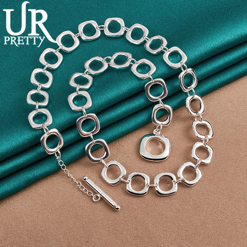 UPRETTY New 925 Sterling Silver Square Circle Chain Necklace 20 Inch Chain For Woman Party Wedding Engagement Charm Jewelry Gift