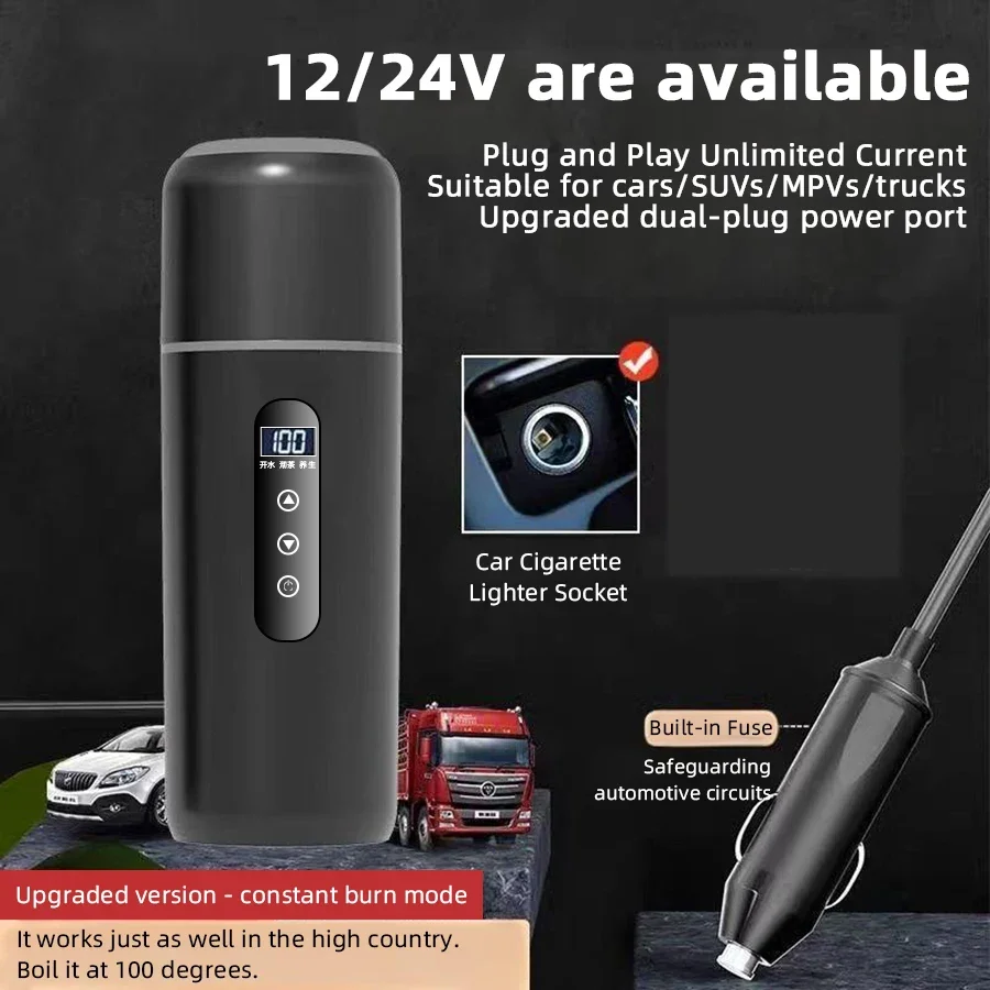 Smart Kettle with LED Temp Display 12V 24V 500ml Auto Heating Cup 3 Mode Electric Thermostatic Mug Stainless Steel Travel Bottle