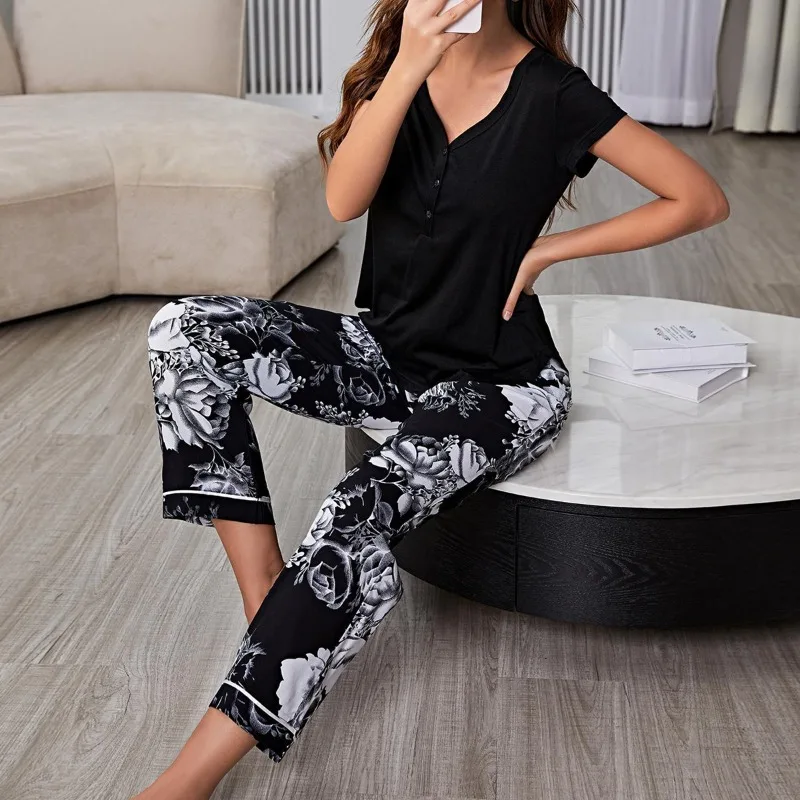 Ensemble de pyjama pour femmes, haut à manches courtes et pantalon à imprimé floral, ensemble de pyjama décontracté, vêtements de détente, vêtements de maison