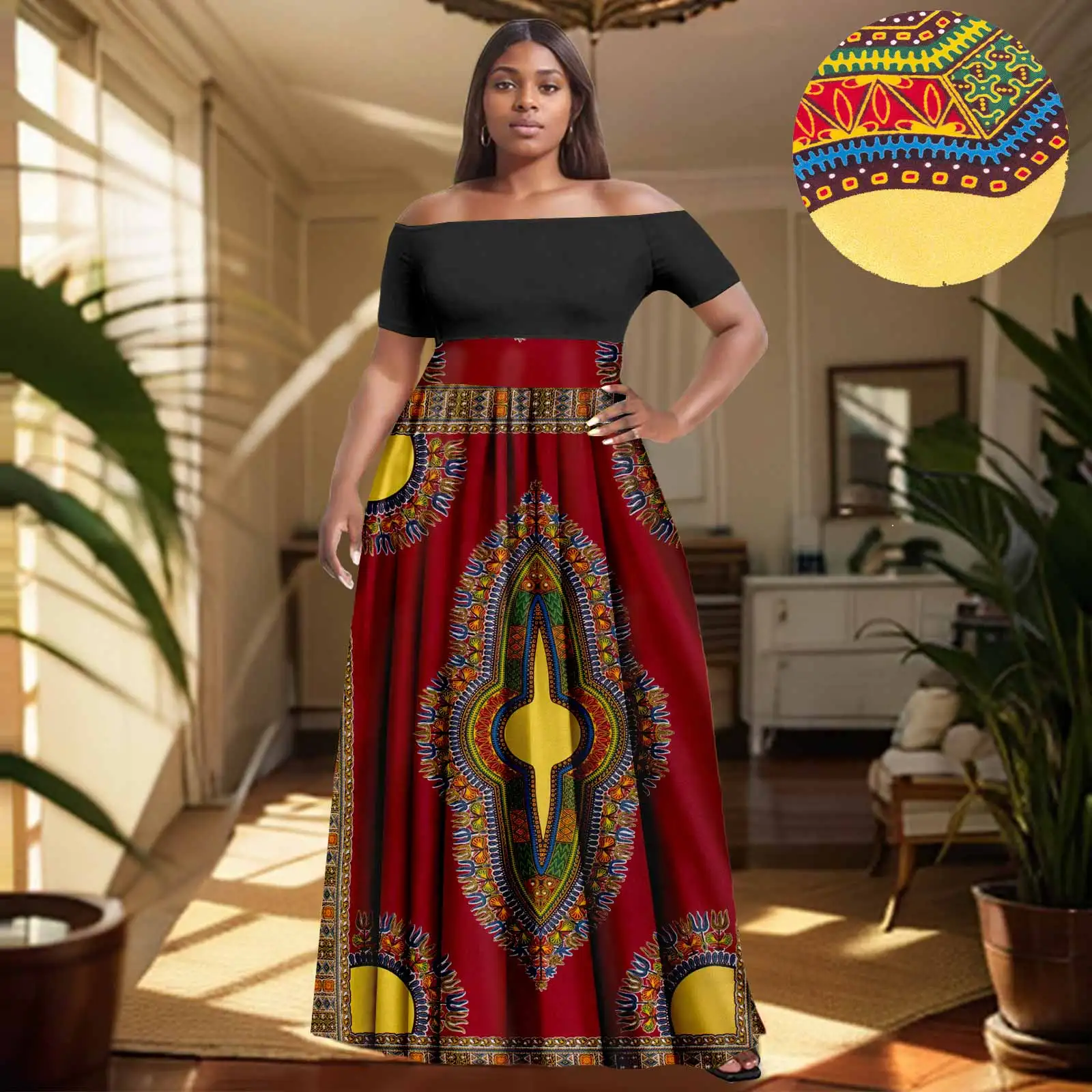 

Afripride-African Ankara Women's Dresses Tailored Dashiki Sexy Slash Neck Short Sleeve Patchwork Clash Dress 2425130