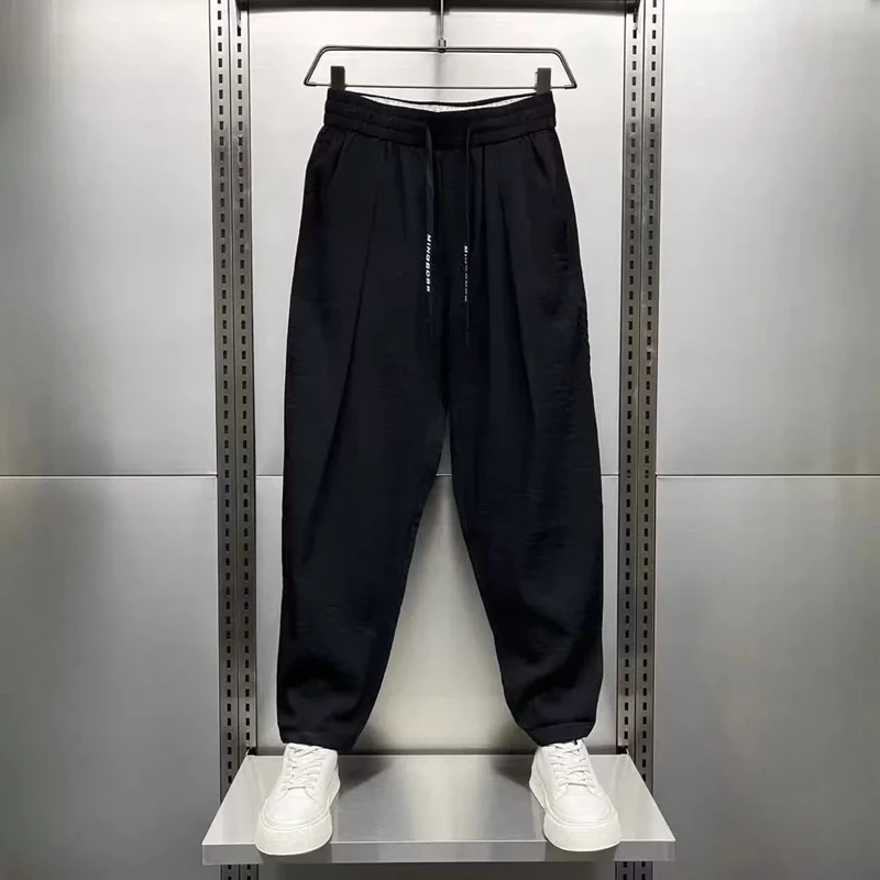 Celana Olahraga Kaki Lurus Longgar Sutra Es Musim Panas Celana Panjang Trendi Model Tipis Pinggang Elastis untuk Pria Bernapas Ringan