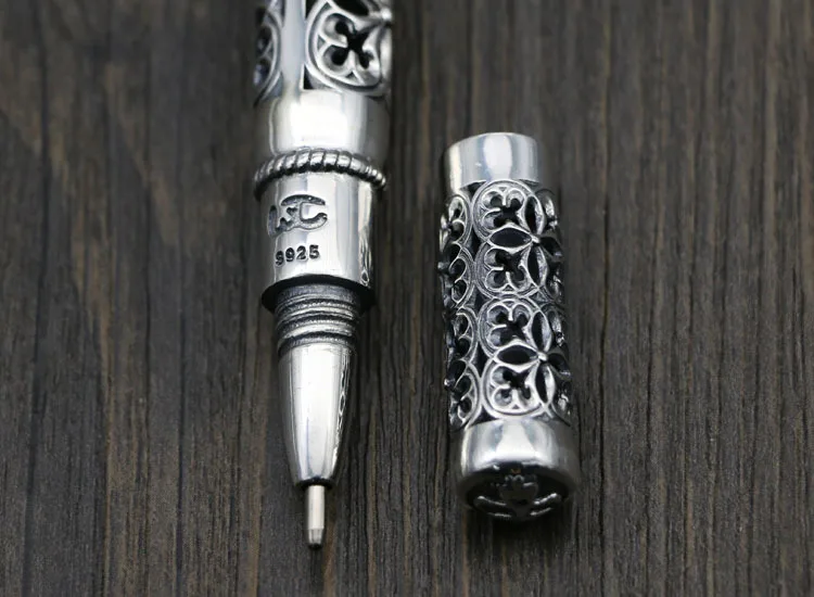 S925 sterling silver personalized hollow carved signature pen, vintage Thai silver ballpoint pen gift, Teacher's Day fashionable