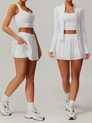 2025 Yoga set women's 2-Piece Sport Tennis Skirt Gym Outdoor Bra Crop Top High Waist Fitness Suit Golf Dance Badminton TZ8782