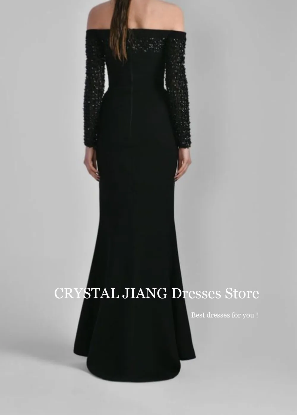 Customized Classy Long Black Off the Shoulder Crepe Evening Dresses Full Sleeves with Beaded Mermaid Slit Floor Length Dress