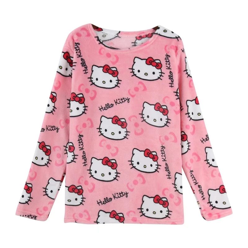 MINISO 2PCS Hello Kitty Anime Y2k Kawaii Flannel Pajamas Women Warm Cartoon Casual Home Pants Autumn Winter Tops Trousers Set