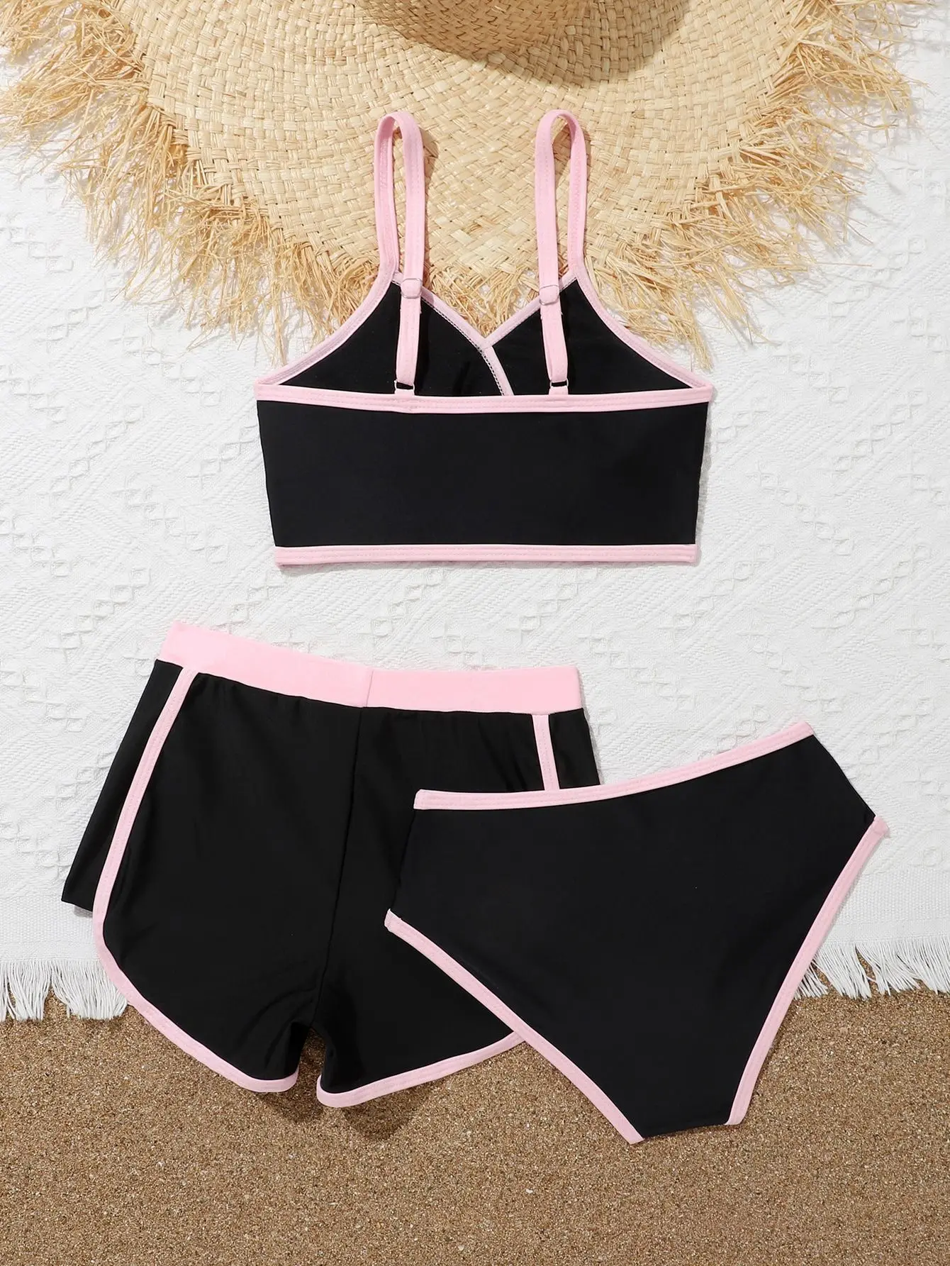 Girls 3pack Black Pink Bikini Sets with Shorts High Waist Swimsuit 7-12 Years Children's Swimwear 2026 Sports Bathing Suit Teens