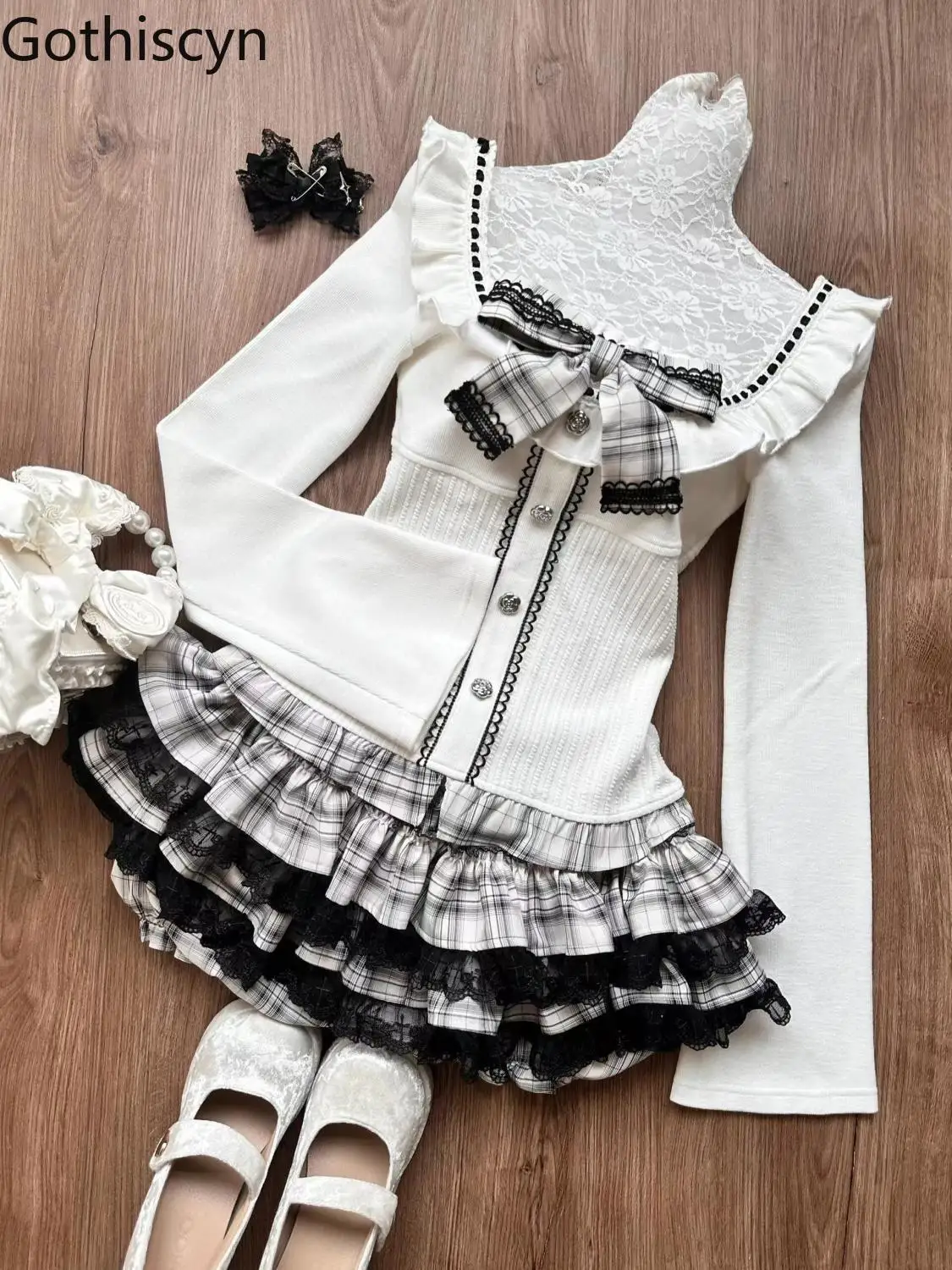 

Gothiscyn Retro Sweet Girl Bow Slimming Long Sleeve Top Grey White Plaid Lace Splicing Mini Skirt Two Piece Set Women Outfits