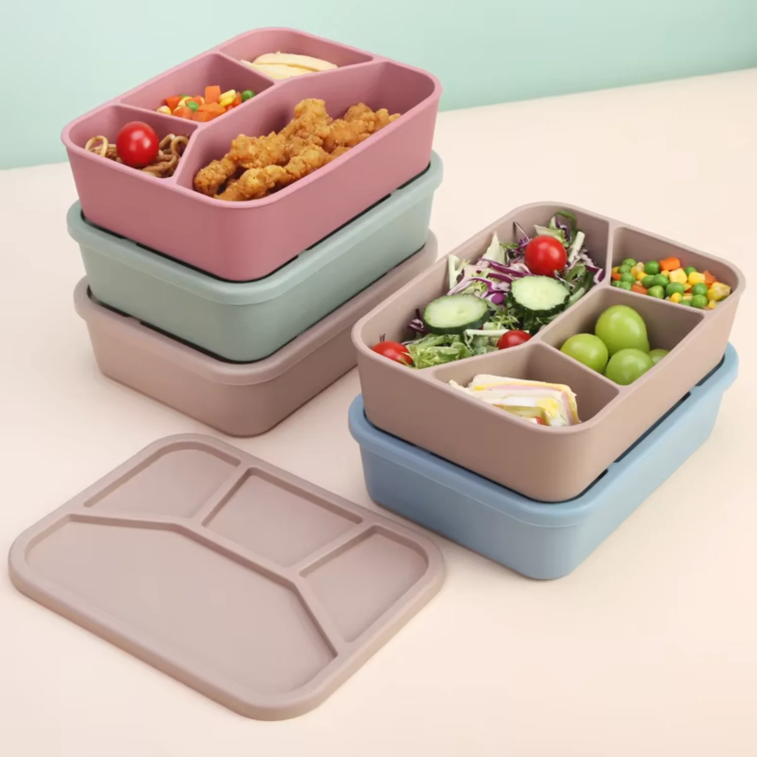 Portable Reusable Sublimation Bento  Lunch Container Adult 4 Compartment Silicone Lunch