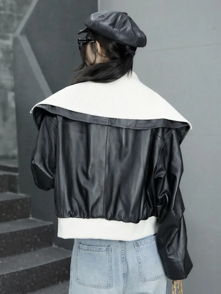 جديد مصمم المرأة التلبيب طوق فضفاضة تناسب جلد الغنم سترة جلدية حقيقية ملابس الشارع الشهير أبلى معطف تقسم Bomber جاكيتات