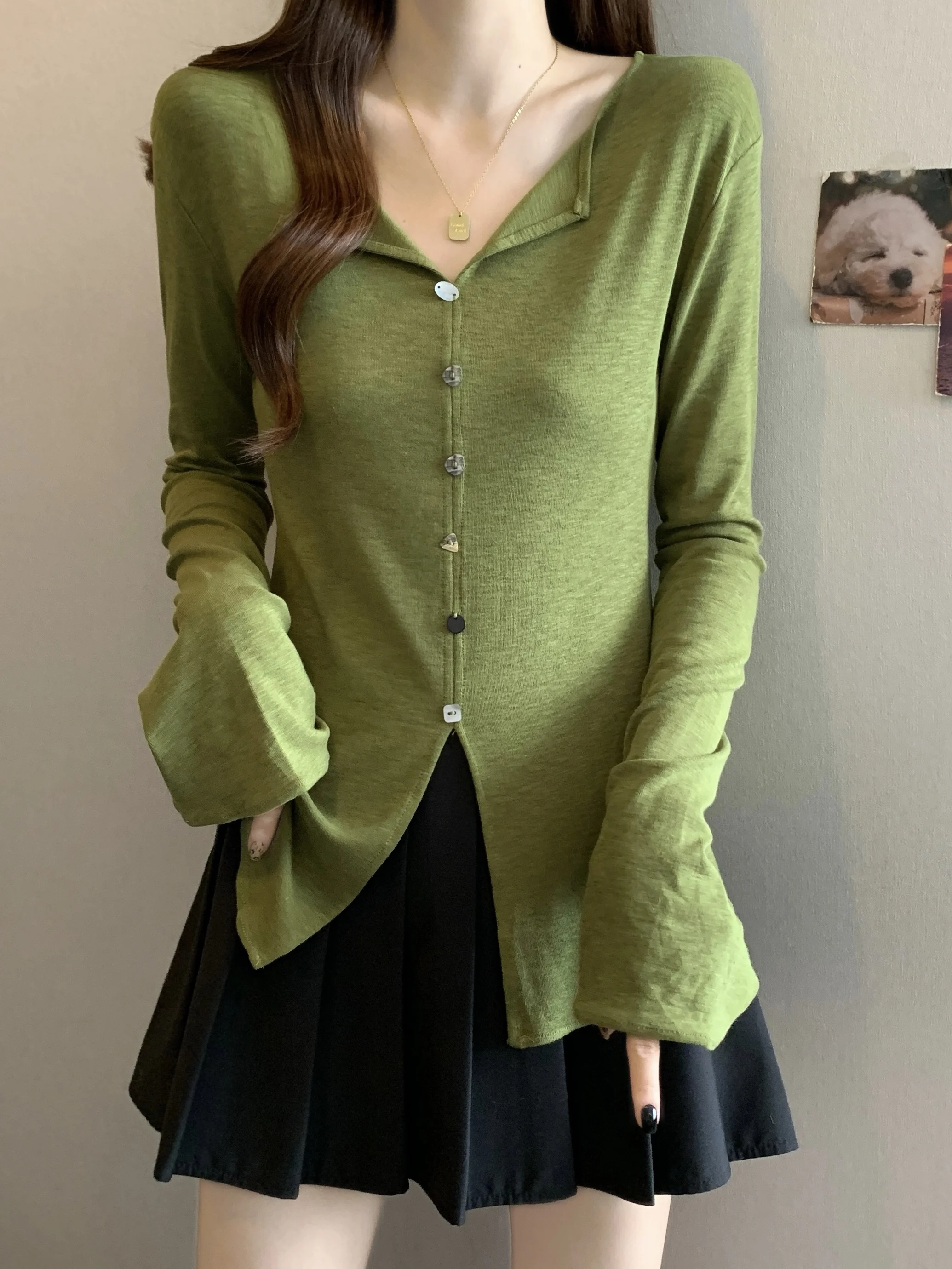 

plus Size Knitted T-irt V-Ne Bell Sve Long Sve Slimming Waist High Waist Cotton Casual Top for Autumn Winter