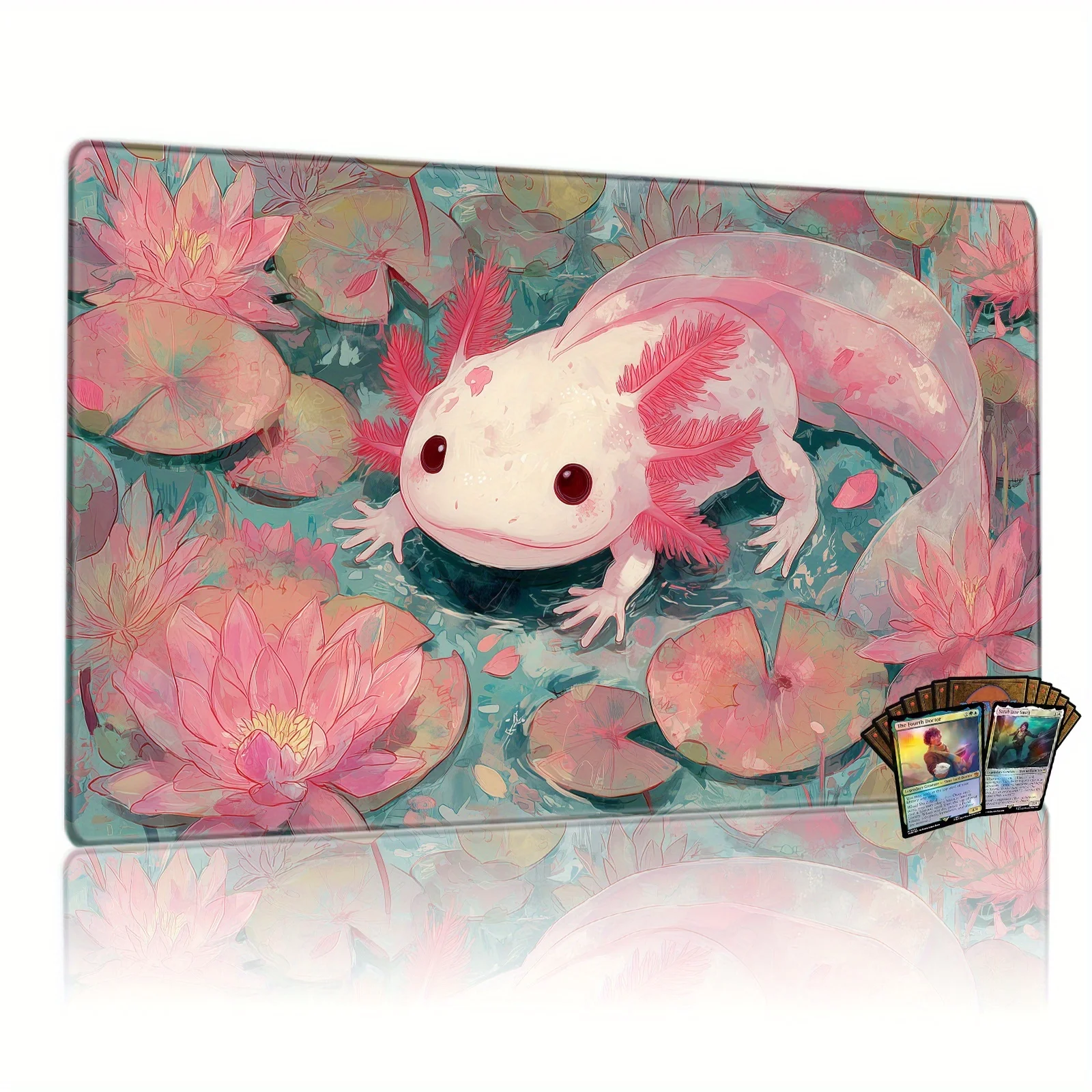 Pink Axolotl Surrounded By Water Lilies Design Magic Party Game Mat Durable Rubber Games Mouse Pad Offices Desk Mats