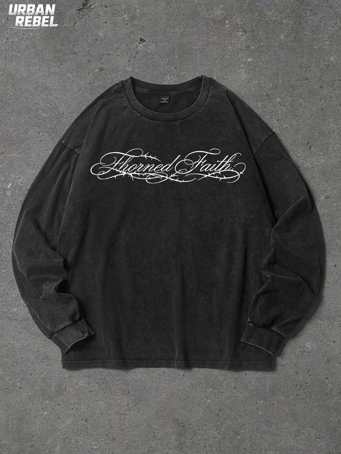 Men's Washed Long Sleeve T Shirt Gothic Thorn Graphic Vintage Distressed Oversized Streetwear Casual Crew Neck Tops Punk Grunge