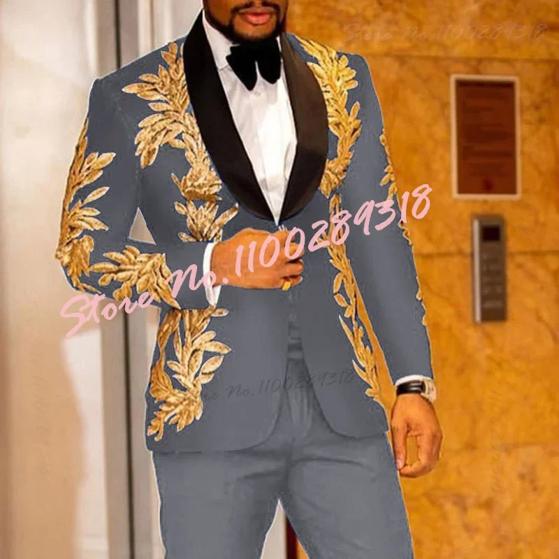 Gold Embroidery Luxury Men Suits Set For Wedding Formal   Prom Slim Fit Groom Wear Tuxedos Costume Homme 2Pieces(Jacket+Pants)