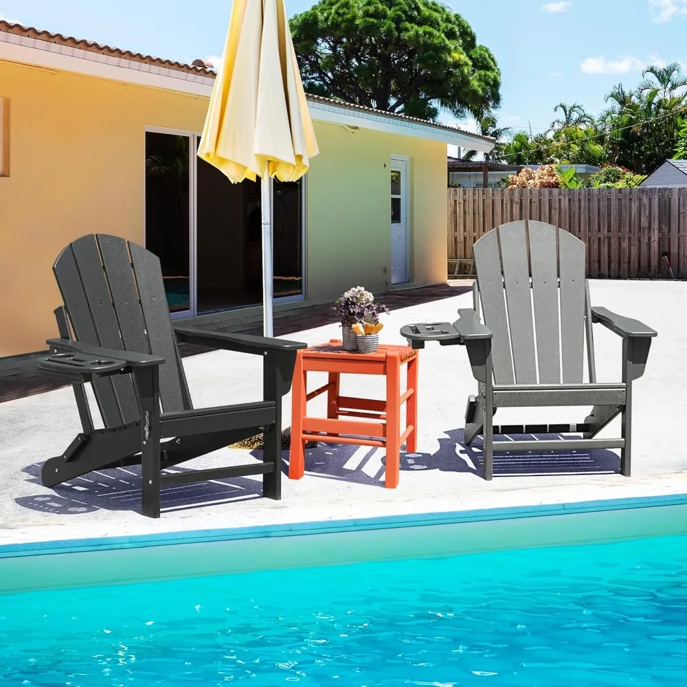 Adirondack Chair Set of HDPE Folding Adirondack Chair w/4 in 1 Cup Holder Trays,Weather Resistant Outdoor Chair,