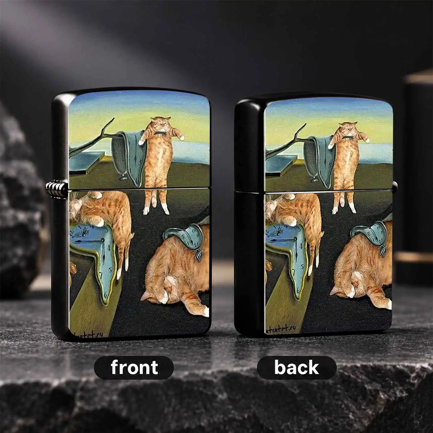 Creative Surreal Dali Cat Lighter Retro Melting Clock Orange Tabby Art Design Pocket Decor Unique Funny Artistic Collection Piece For Daily Carry Gifting Art Lovers Festival Home Decor Humorous and interesting lighters