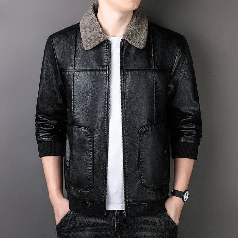 

Thin Casual Solid Color Men Jacket Winter Men Leather Jacket Spring Autumn Fleece Lined Fashion Large Size PU Leather Jacket
