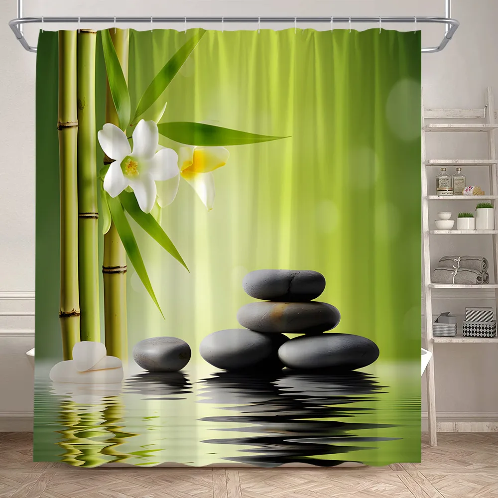 Zen Green Bamboo Shower Curtains Purple Orchid Lotus Black Stone Flowers Plant Spa Scenery Polyester Home Bathroom Curtain Decor