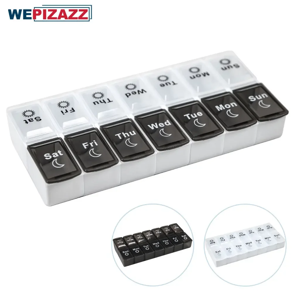 Am Pm Pill Organizer 7 Day, 2 Times A Day Large Weekly Pill Box, Push Button Daily Pill Case for Vitamin, Fish Oil, Supplements