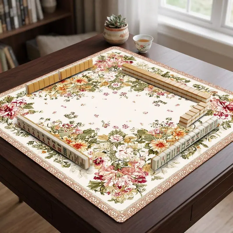 VIKAMA Cream Mixed Floral Mahjong Mat Soft Noise Reducing Country Style Dual Use Household Mahjong Table Cover