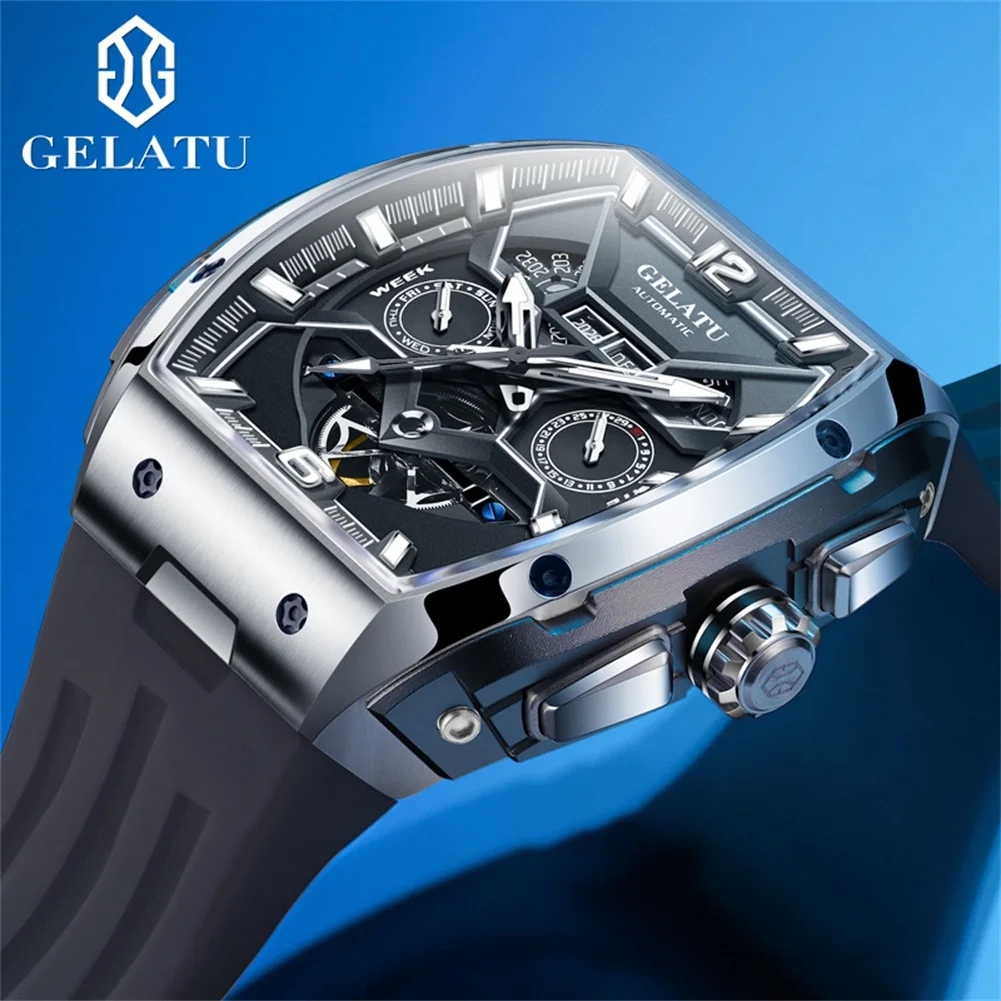 GELATU 6013 Auto Date Mechanical Watch For Men Hollow Skeleton Big Dial Silicone Strap Hand Clock Waterproof Original Man Watch