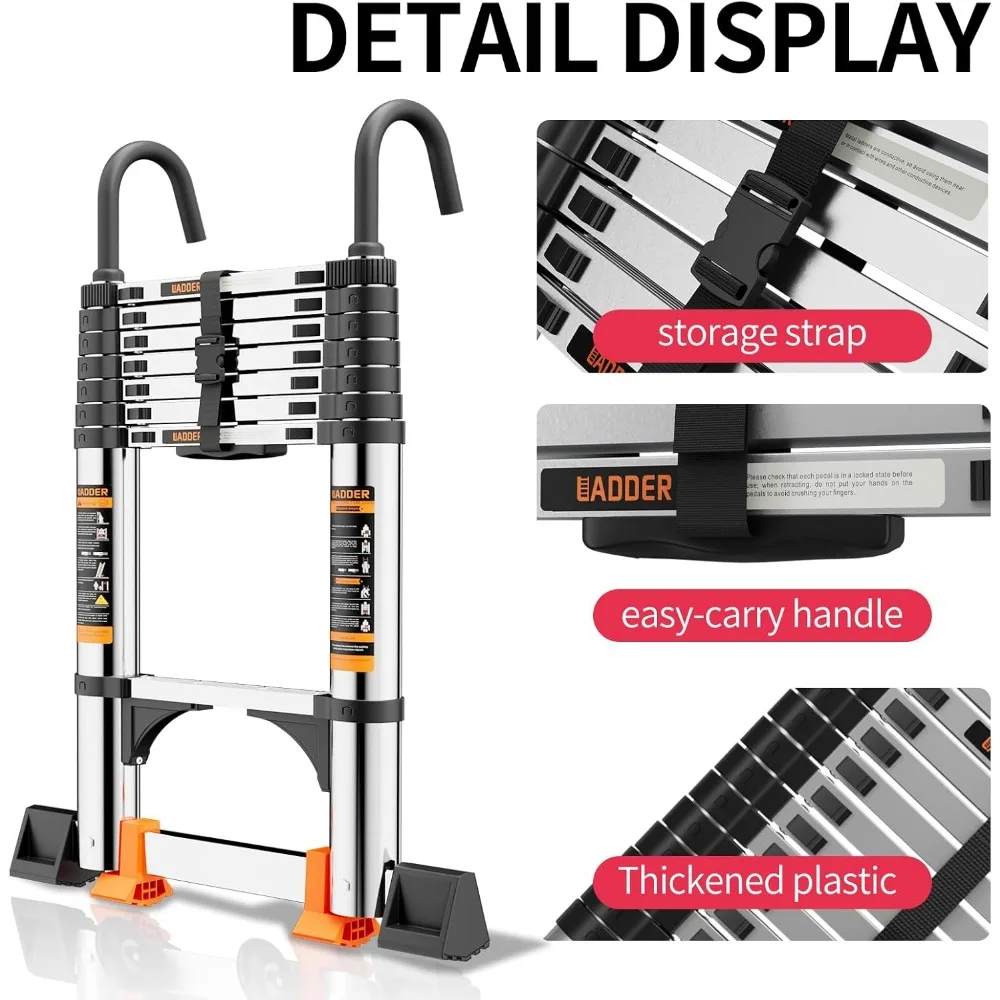 سلم تمديد عالي التحمل بطول 8.5 قدم مع خطاف ثابت وقضيب تثبيت، سعة 330 رطل، سلم تصغير متعدد الأغراض للخارج #4