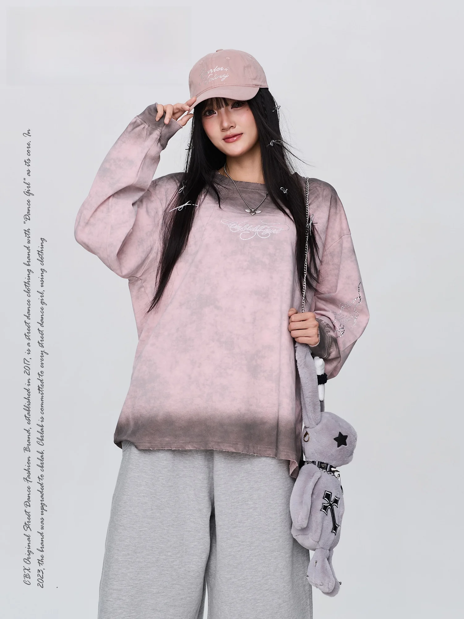 

Худи CBXLAB Street Dance: модный бренд, розовый, с эффектом потертости, длинный рукав, в стиле панк, американский ретро-топ для девушек, теплый хлопковый, с круглым вырезом
