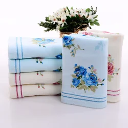 Cotton Bath Towel Flower Printing Bathroom Home Hotel Beach Face Towel (Blue)