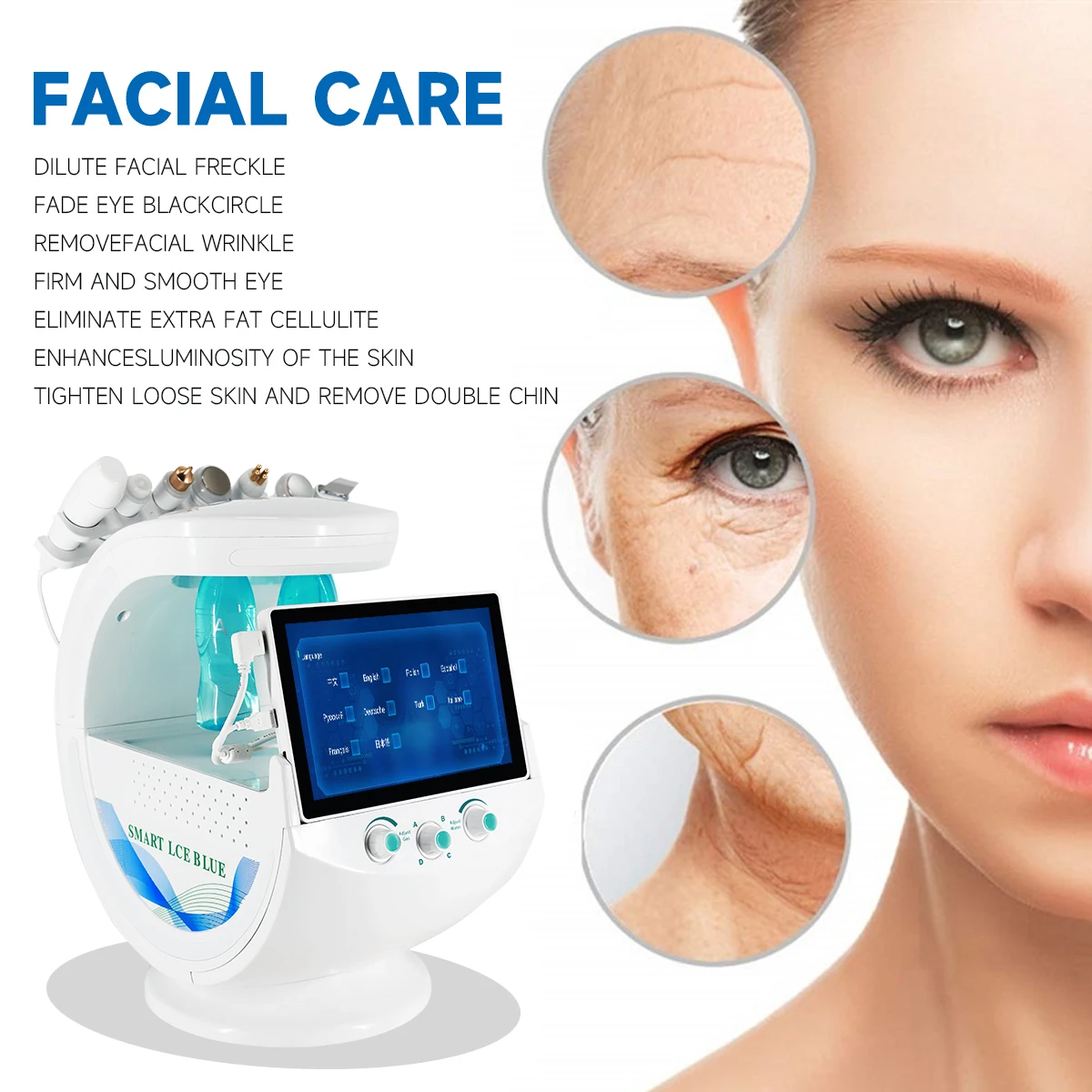 Newgaga 7 In 1 Ijsblauwe Magische Microdermabrasie Spiegel Huid Analysator Zuurstofmachine Echografie Water Cryotherapie Massager