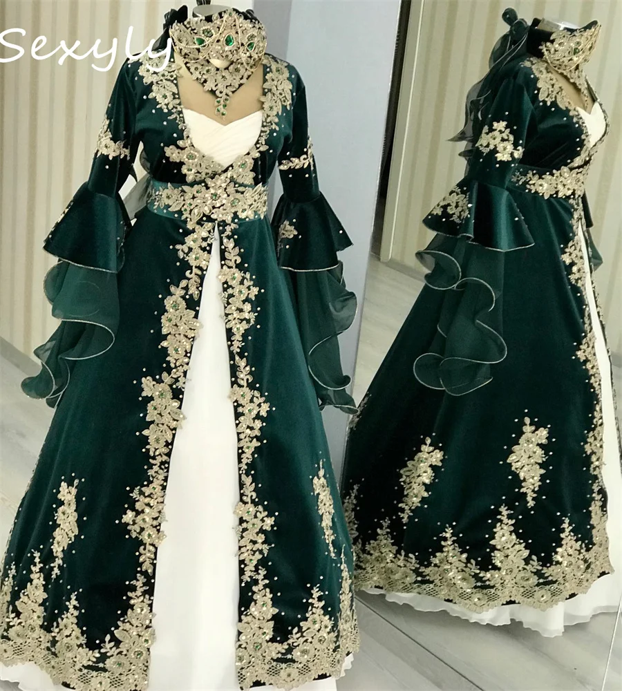 Luxury Emerald Green Turkish Wedding Dress Morrocan Abaya Muslim Country Bridal Gowns Luxe Gothic Vestio De Novia Customized