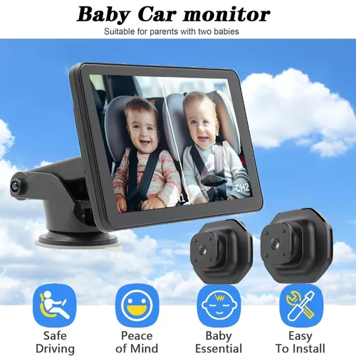 Imagen 1 del producto Monitor de bebé para coche con doble lente 1080P, 3 métodos de instalación, visible en el asiento trasero, lente ajustable, pantalla IPS de 5 pulgadas
