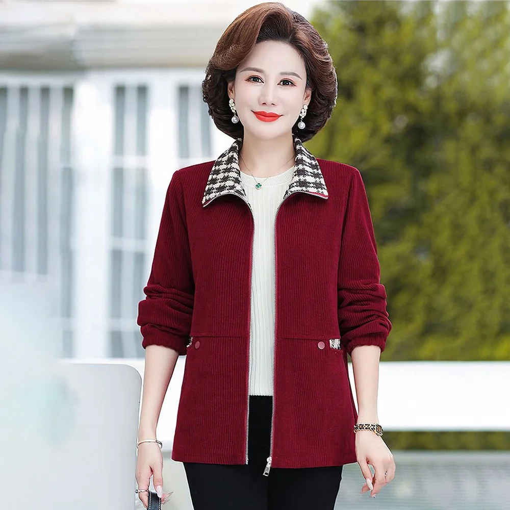 Fashion High-end Mother Spring And Autumn Plaid Stitching Corduroy Jacket Women's Western Style Age-reducing Loose Casual Jacket