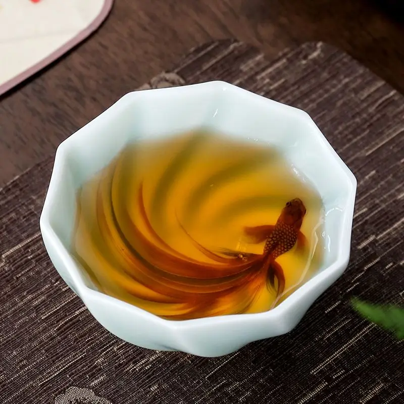 

Creative Celadon Teacups Handmade Koi Tea Bowls Chinese Kung Fu Tea Set Master Cup Household Retro Tasting Mug Teaware Drinkware