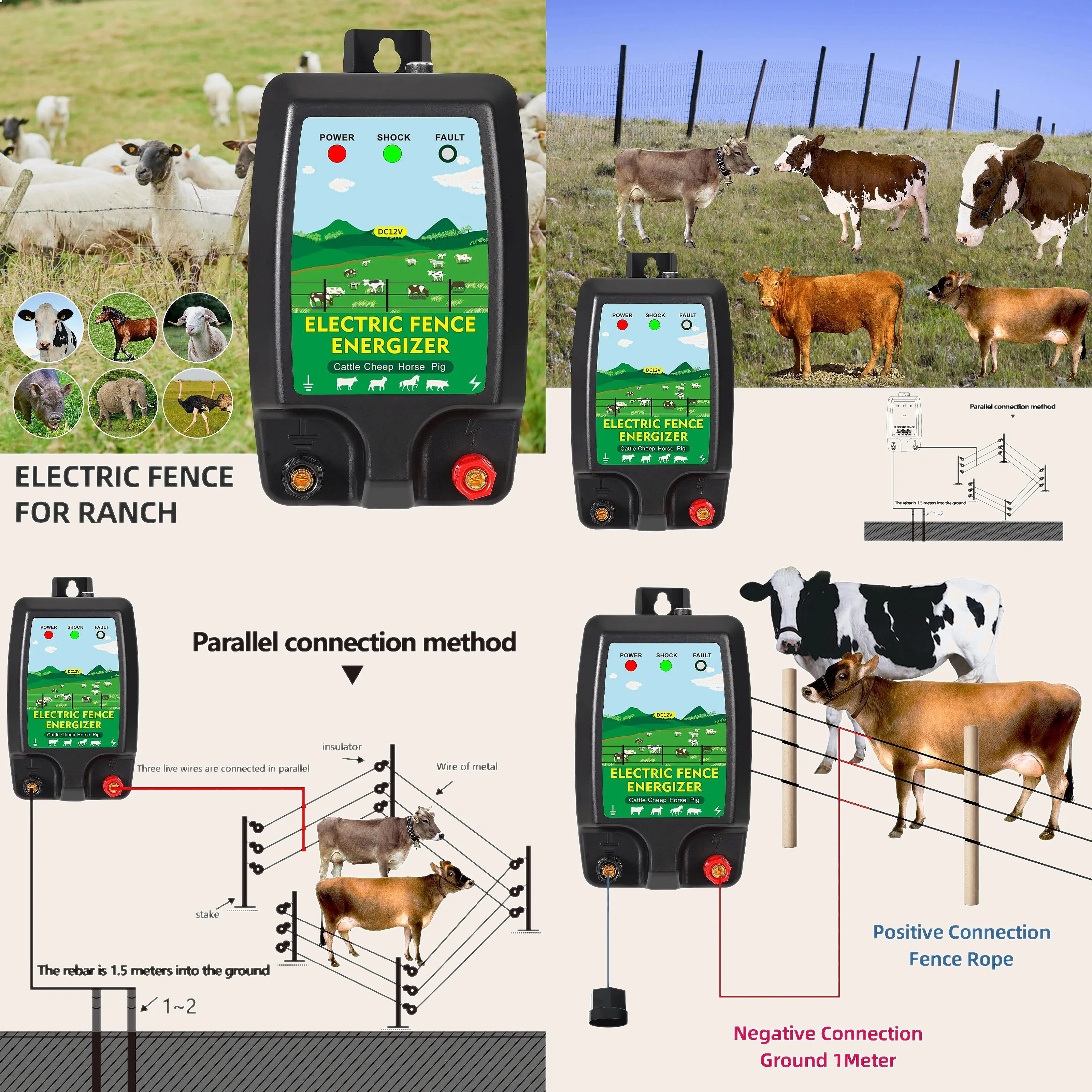 10KM Electric Fence Energizer High Voltage Controller DC 12V Livestock Charger