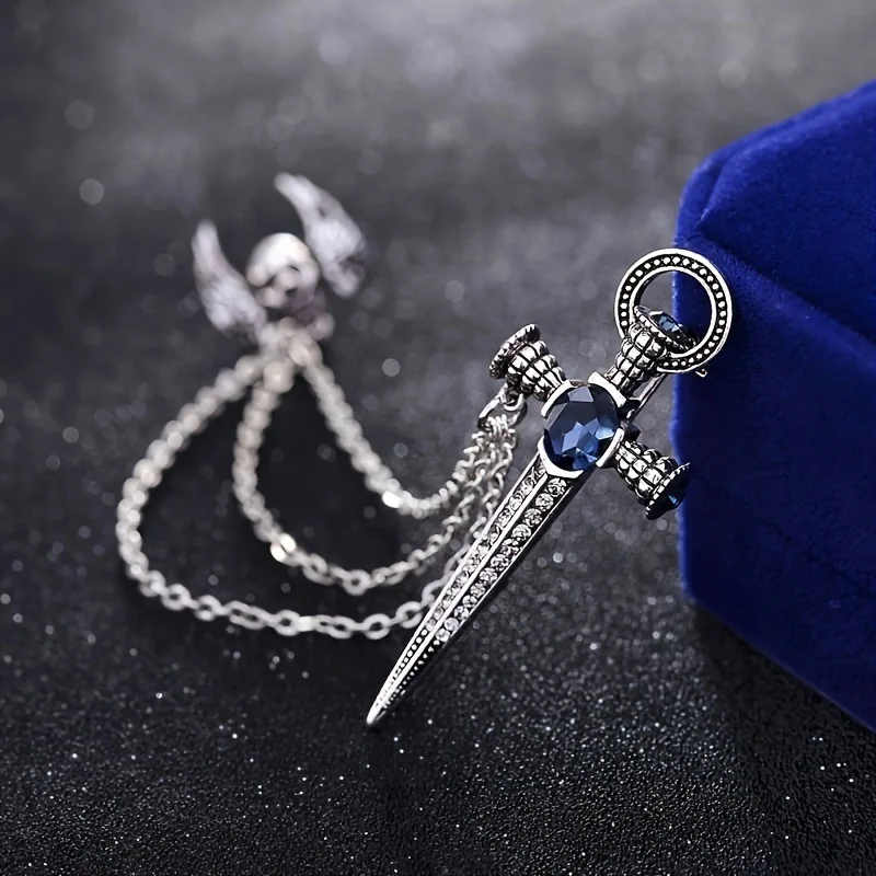 Vintage Retro Skull Angel Cross Long Tassel Chain Pin Brooches for Men Chain Shirt Suit Badge Gift Jewelry Accessories Gifts