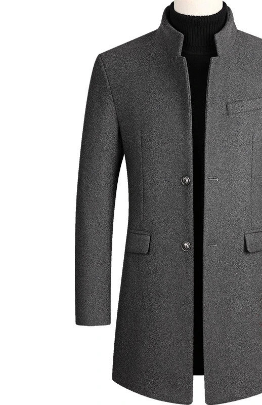 معطف صوف متوسط الطول للرجال لخريف وشتاء 2025 بياقة واقفة مزدوجة الصدر ومتعدد الجيوب مبطن بالقطن سترة سميكة #5